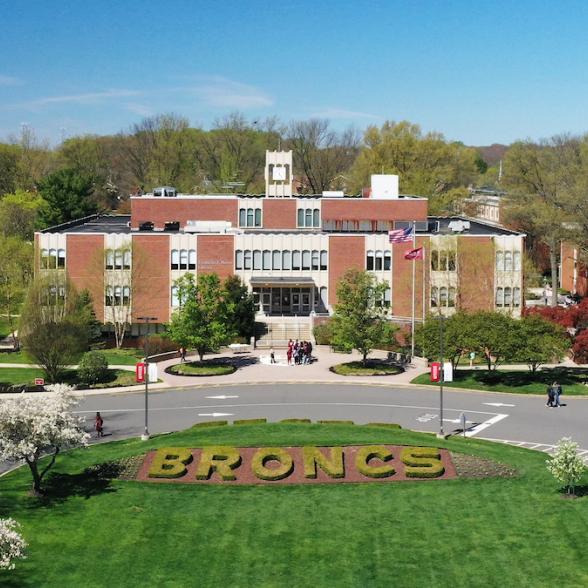 Aerial view of the campus mall and Moore Library
