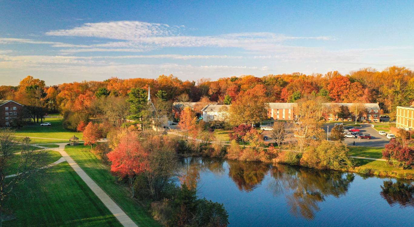 Aerial view of campus in the autumn